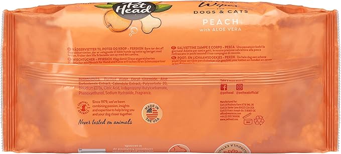 Pet Head Quick Fix Paw and Body Wipes for Cats and Dogs | Peach Scent with Aloe Vera | Biodegradable Pet Hygiene Cleaning Wipes | pH-Neutral | Vegan | for an Easy & Speedy Freshen-Up | 80 Pack