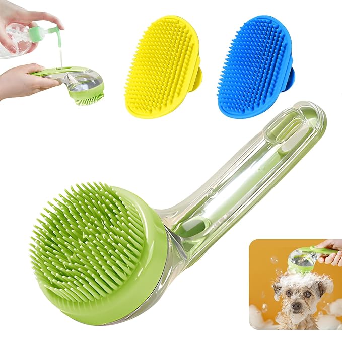 3Pcs Dog Bath Brush, Dog Scrubber for Bath, Dog Shampoo Brush Bubble Maker, Dog Paw Washer, dog grooming Massage Brush with Adjustable Ring Handle, dog accessories for Short & Long Hair -Green
