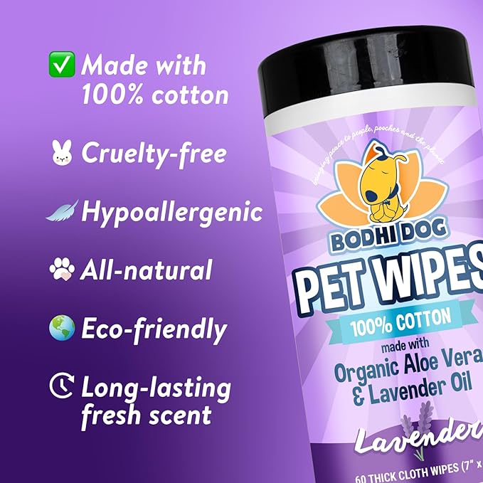 Bodhi Dog Pet Wipes - Grooming, Cleaning and Deodorizing Wipes for Dogs & Cats - No Parabens or SLS - Large, Thick, Wet Wipes - Wipe Away Pet Odors & Refreshes Coat - Lavender Scent (60 Count)