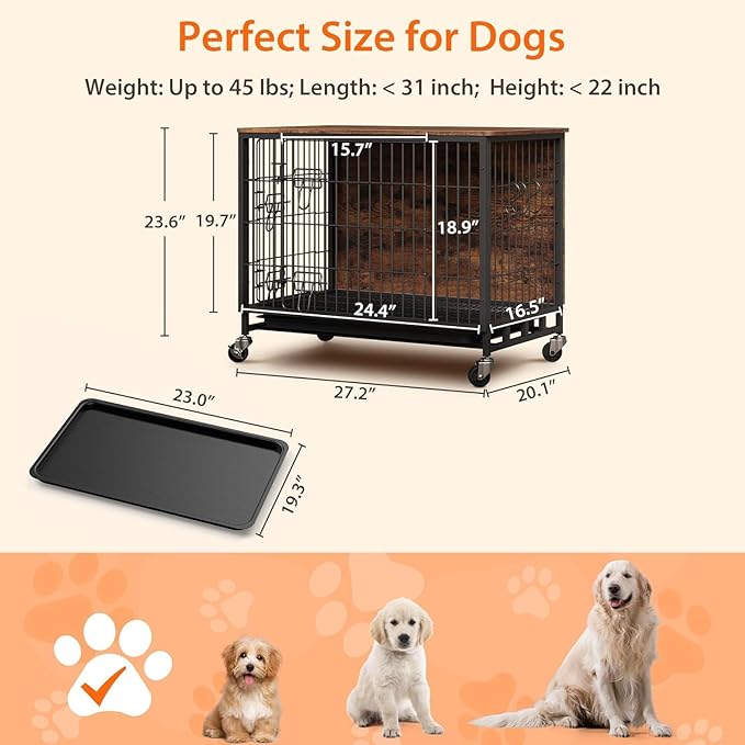 Small Dog Crate Furniture, 27.2"L x 20.1"W x 23.6"H,Indoor Pet Crate with Double Doors, Removable Tray and 360° Wheels, Wooden Countertop Dog Kennel, Brown&Black