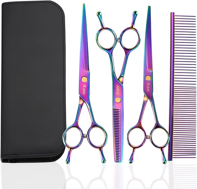 Dog Scissors for Grooming with Safety Blunt Tip, Dog Grooming Scissors Set for Pets, Professional 7 in 1 Shears for Dogs and Cats - 6CR Coated Steel (Rainbow)