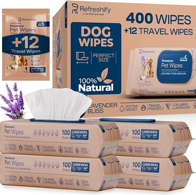 Pet Wipes for Dogs and Cats Plant Based – Lavendar Scented (Pack of 400) Dog Wipes for Paws and Butt - Deodorizing Non Toxic Dog Wipes, +12 Additional Travel Wipes