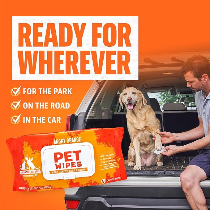 ANGRY ORANGE Pet Wipes for Dogs and Cats - Unscented and Gentle Grooming Wipes for Paws, Fur and Butt - 80 Count - 1 Pack