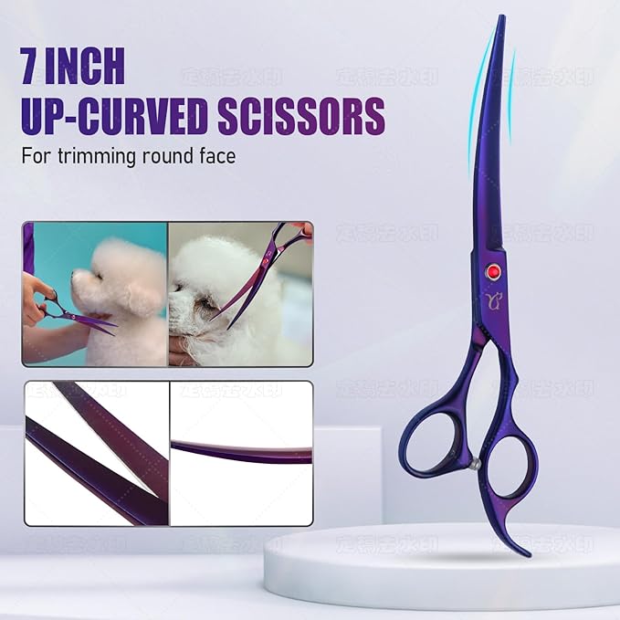 Dog Grooming Scissors,Purple Curved Chunkers Shears with Safety Round Tips,Sharp and Durable 6 in 1 Dog Scissors for Grooming