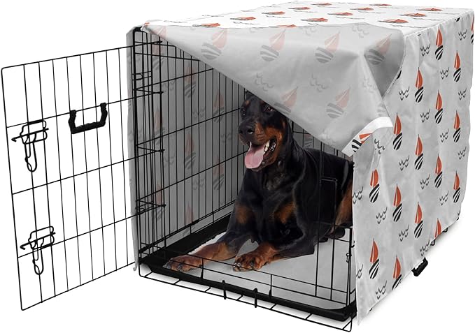 Lunarable Sail Boat Dog Crate Cover, Abstract Boat Waves Cartoon Drawing Style Geometric Pattern, Easy to Use Pet Kennel Cover for Medium Large Dogs, 42 Inch, Salmon Black Grey