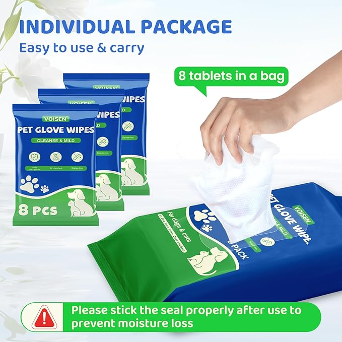 VOISEN 24 Pcs Pet Glove Wipes for Dogs and Cats,Cleaning & Deodorizing Bathing Grooming Wipes,Unscented Thick Nourish Fur Glove Wipes for Pet Dry Cleaning,Daily Care and Travel