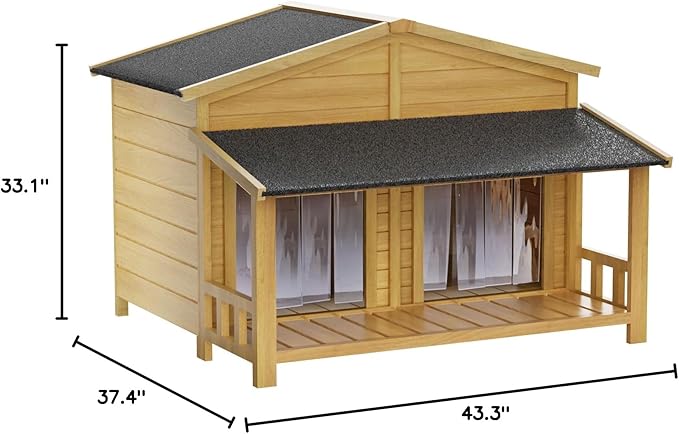 KELRIA 47.2" Dog House, Waterproof Dog Kennel, Wooden Outdoor and Indoor Dog House, Log Cabin Style with Porch,Elevated Floor, 2 Doors, Pine Wood + Natural