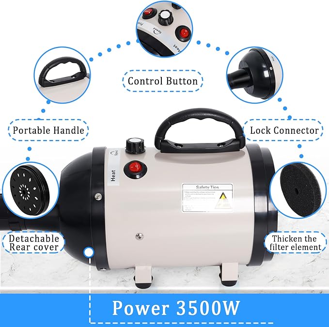 Dog Dryer for Large Dogs, 5.2HP 3800W High Velocity Pet Hair Dryers with Heater for Grooming, Spind Temperature Adjustable Pet Dryer Machine with 4 Nozzles Secadora Para Perro (Beige)