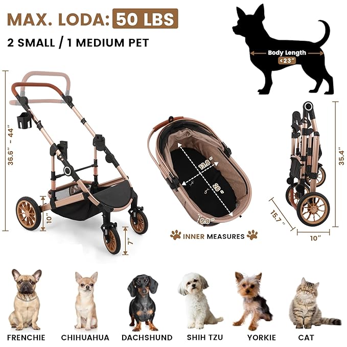 Pet Stroller with 4 Wheels, Foldable Pet Travel Carrier for Small/Medium Dogs Cats up to 50lbs, Detachble Portable Pet Bag, Storage Basket, Car Seat 3 in 1 Multifunctional (Tan)