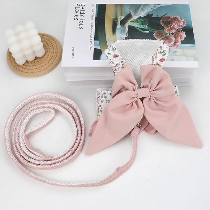 Small Medium Size Dog Harness and Leash Set with Bow Knot,No Pull Pet Floral Harnesses with D-Ring Soft Mesh Dog Harness Vest Set Escape Proof Harness for Dogs Cats Girl or Boy (L)