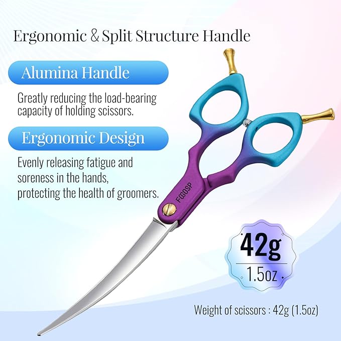 Professional Curved Dog Grooming Scissors with Sharper Self Grinding lightweight and finely trimmed split structure 6.5'' Japan VG10 63HRC for small dogs cat pet(Purple&Blue)