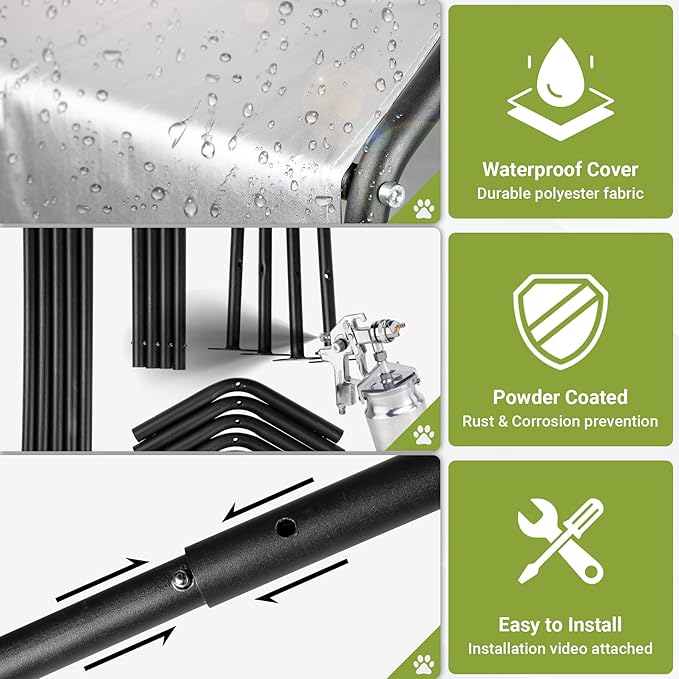 Dog Shade Shelter, 4'x4'x3.2' Metal Outdoor Dog Tent w/Ground Nails, Waterproof Pet Canopy Shelter for Outside, Pet House for Dogs, Cats, Small Animals and Livestock, Grey