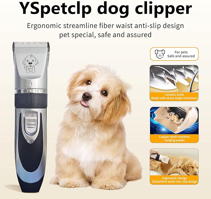 Dog Clippers Cat Clippers for Grooming Low Noise, Rechargeable, Cordless, Pet Shaver for Matted Hair, Quiet Animal Trimmer Pet Hair Thick Coats, for Dogs, Cats, Rabbits (Gray)