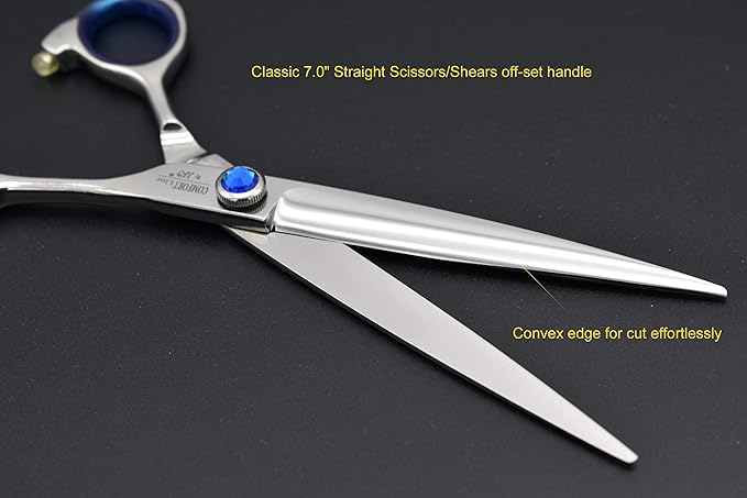 Pro Dog Grooming Shear Scissors Straight 7 Inch Pet Shear Stainless Steel Forged (7" Straight Blue Diamond)