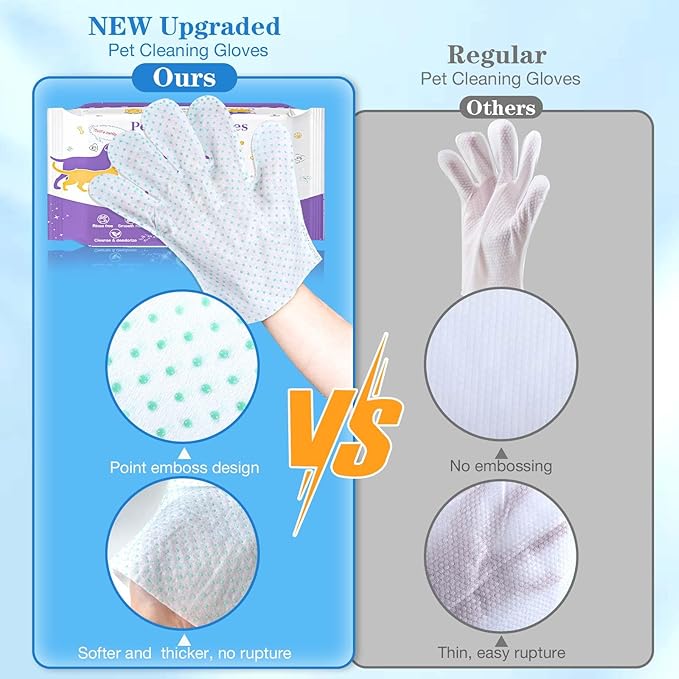Dog Cleaning Gloves Wipes 15pcs Deodorizing Disposable Pet Grooming Bathing Gloves Extra Thick, No Rinse Shampoo Dry Cleaning Gloves Lick Safe for Dogs & Cats Paw Face Ear Fur and Butt