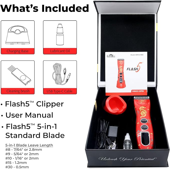 Kenchii Flash 5 Red Dragon Limited Edition - 5-in-1 Digital Cordless Clipper - Precision Pet Grooming: Trim, Shape, and Style Effortlessly USB-C Charging (Red)