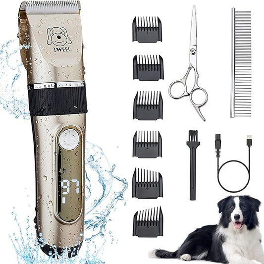 Dog Clippers, 2-Speed Professional Rechargeable Cordless Cat Shaver and Low Noise Water Proof Electric Dog Trimmer Pet Grooming Kit Animal Hair Clippers Tool with Scissors Combs