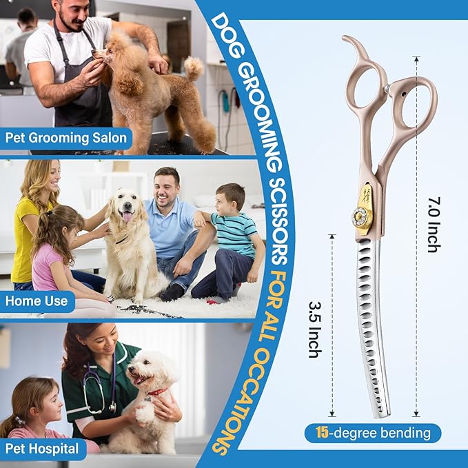 JASON Professional Curved Chunker Shears - 7 Inch Chunker Scissor Dog Grooming Japanese 440C Stainless Steel Diamond Screw with 21 Fishbone Teeth Dog Shears, Rosegold