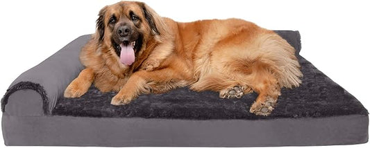 Furhaven Orthopedic Dog Bed for Large Dogs w/ Removable Bolsters & Washable Cover, For Dogs Up to 125 lbs - Plush & Velvet L Shaped Chaise - Platinum Gray, Jumbo Plus/XXL