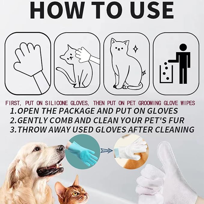 Pet Grooming Glove Wipes Combination,Pet Bathing Wipes for Dogs & Cats, Cleaning & Deodorizing Grooming Gloves, Nourish Fur Glove Wipes for Daily Care and Traveling, Rinse Free.12PCS, white