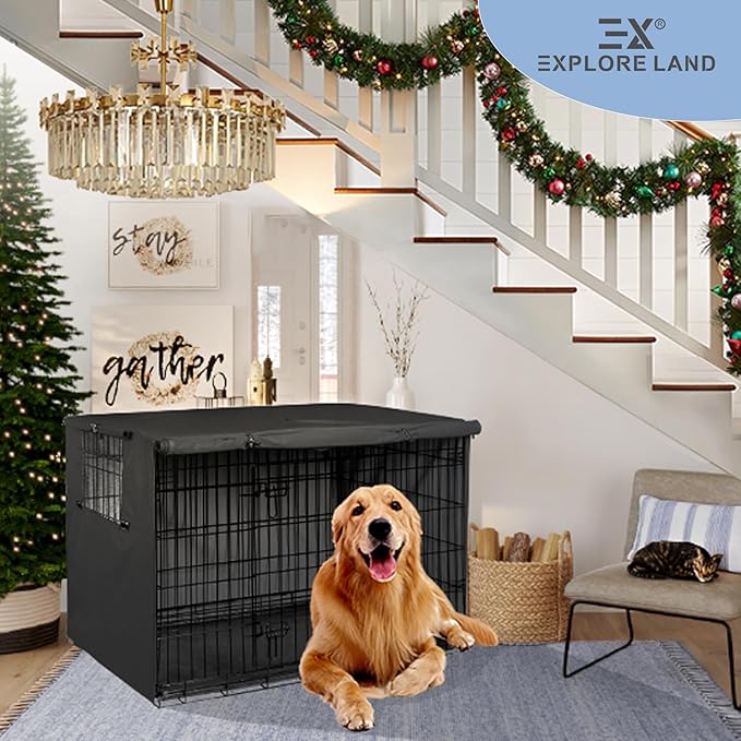 Explore Land 38 inches Dog Crate Cover Heavy Duty Polyester Pet Kennel Sunshade Universal Fit for Wire Cage (Black)