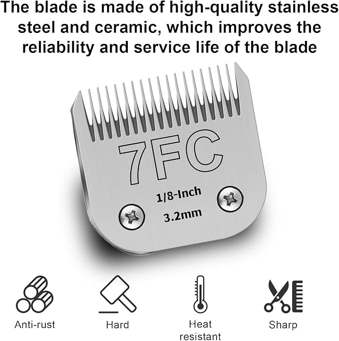7FC Detachable Pet Clipper Replacement Blades Compatible with Andis/Oster A5/Wahl KM10 Series Dog Clipper,Made of Ceramic Blade & Stainless Steel Blade,Size 7FC Cut Length 1/8-Inch(2 Pack)