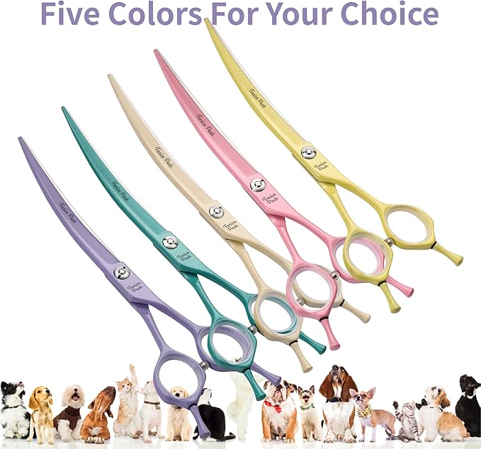 Fenice Peak Curved Dog Grooming Scissors with Cyan Color Coating 440C Stainless Steel Pet Grooming Bending Shears Sharp and Durable Comfortable Engonomic Handle