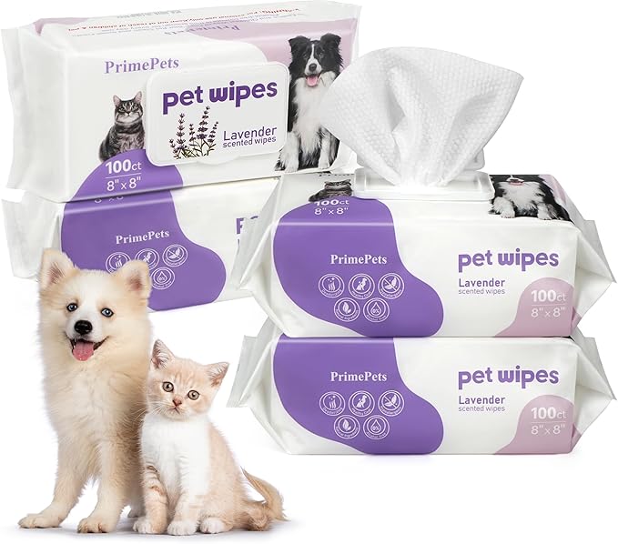 PrimePets Dog Wipes, 400 Count, 8" x 8" Pet Grooming Wipes for Dogs Cats Cleaning Deodorizing, Lavender Scented, Extra Thick Dog Paw Wipes for Sensitive Skin, Clean Ears, Eyes, Butt, Body & Teeth