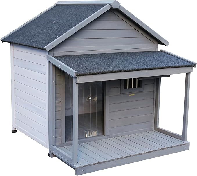 Outdoor Large Dogs House with Spacious Terrace,Open Waterproof Asphalt Roof Dog Kennel W/Breathable Window and Door Curtain,Fir Wood Dog Cage for Large Dogs,Easy to Assemble,Gray