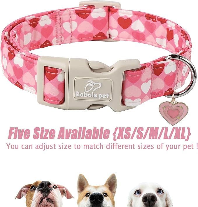 Valentine's Day Dog Collar - Cute Pink Valentines Dog Collar Girl Boy Durable Adjustable Love Heart Pattern Charm Dog Collars for Small Medium Large Dogs XL