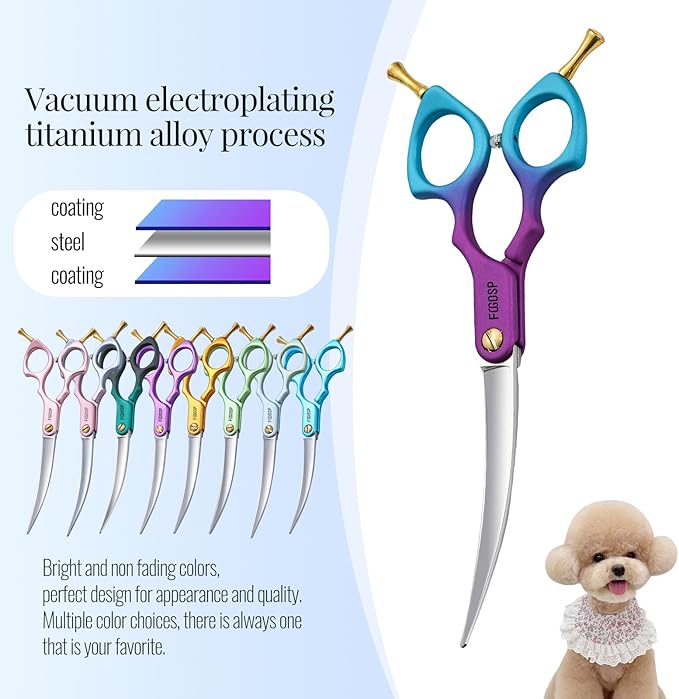 Professional Curved Dog Grooming Scissors with Sharper Self Grinding lightweight and finely trimmed split structure 6.5'' Japan VG10 63HRC for small dogs cat pet(Purple&Blue)