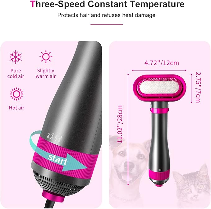 Dog Hair Dryer | 2 in 1 Pet Grooming Hair Dryer Blower with Replaceable Slicker Brush | Adjustable Temperature | Professional Pet Blowing Dryer | for Small and Medium Dogs and Cats