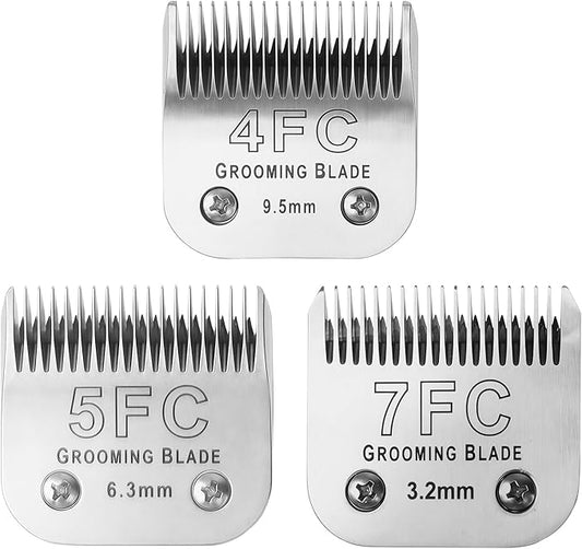 Size 4FC+5FC+7FC Detachable Dog Grooming Blades, Compatible with Andis, Oster A5, Wahl KM10 Series Clippers, Cut Length 3.2-9.5mm, Silver