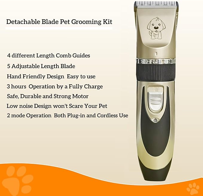Dog Clippers for Grooming Cat Clippers Low Noise, Rechargeable, Cordless, Pet Shaver for Matted Hair, Quiet Animal Trimmer Pet Hair Thick Coats, for Dogs, Cats, Rabbits and Other Pets