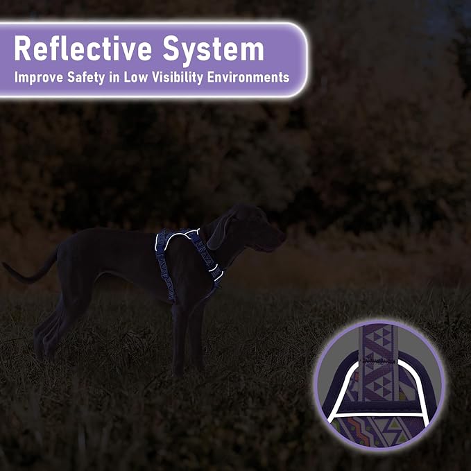 Purple Dog Harness with Ethnic Pattern for Big Dog, Like English Bulldog Doberman Husky Rottweiler Labrador, Easy to Put on and Take Off, No Pull Easy Walk Escapeproof No Choke, Large