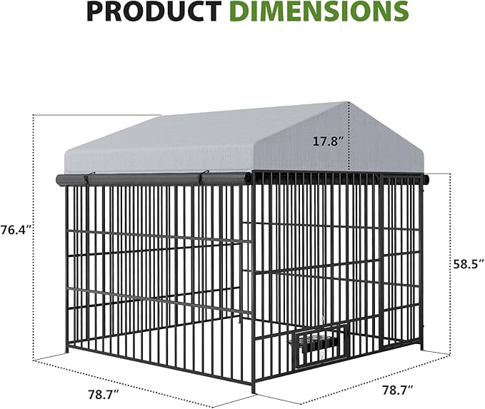 Rovibek Outside Dog Kenne with Roof, Outdoor Dog Kennel with 3 Sides Sun-Proof Cover,Large Dog Kennel Outdoor, Dog Run Enclosure with 2 Rotating Bowls for Large Dogs