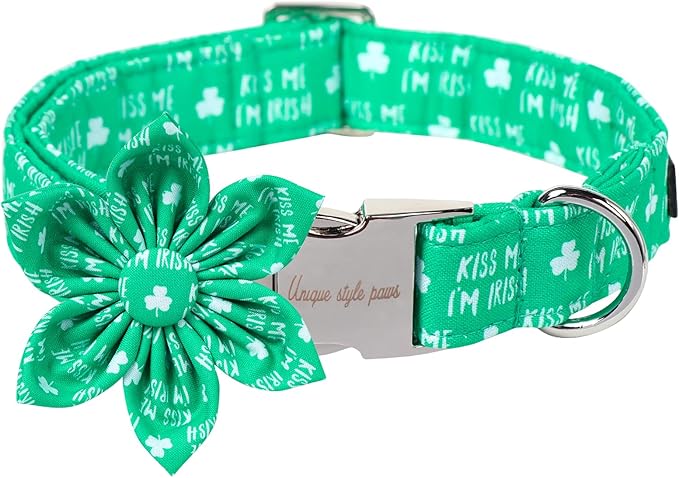 Unique Style Paws St. Patrick's Day Dog Collar with Bow Green Clover Dog Collar Flower Bowtie Collar for Large Medium Small Dogs