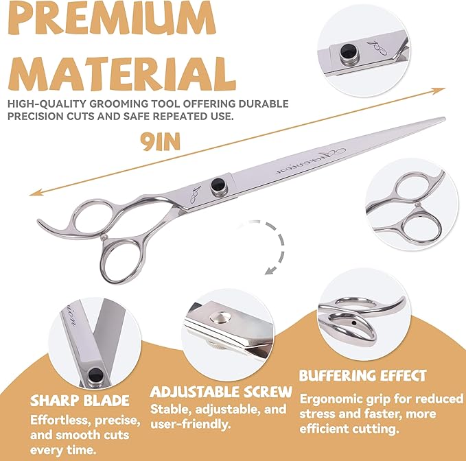 Professional 9 In Straight Pet Grooming Scissors for Dogs & Cats and Other Pets,Stainless Steel Shears for Easy Trimming,Ergonomic Design Clippers for Easy Hair Cutting,Sharp and Comfortable,Pet Gift