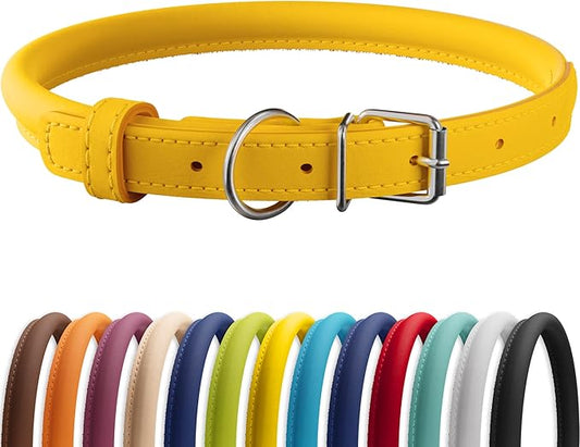 CollarDirect Rolled Leather Dog Collar, Soft Padded Round Puppy Collar, Handmade Genuine Leather Collar Dog Small Large Cat Collars 13 Colors (18-22 Inch, Yellow Smooth)