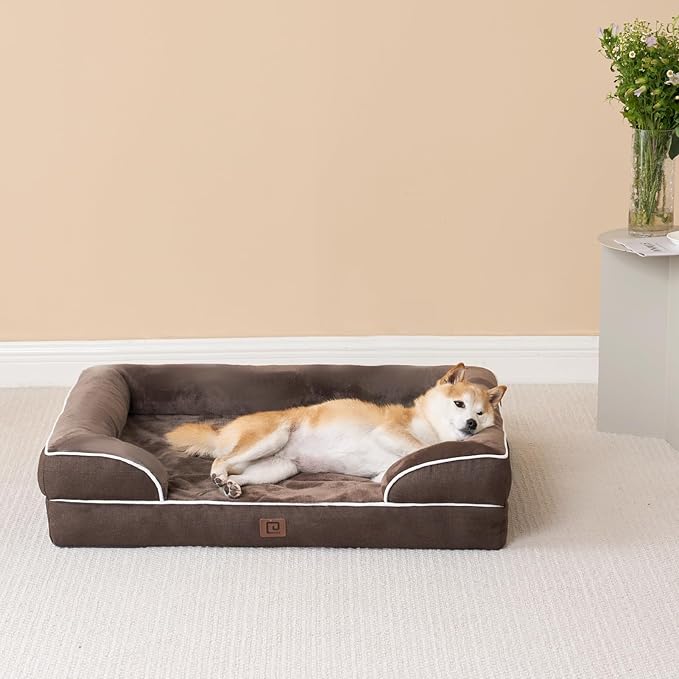 EHEYCIGA Orthopedic Dog Bed for Small Dogs, Waterproof Memory Foam Small Dog Beds with Sides, Non-Slip Bottom and Egg-Crate Foam Medium Dog Couch Bed with Washable Removable Cover, Brown