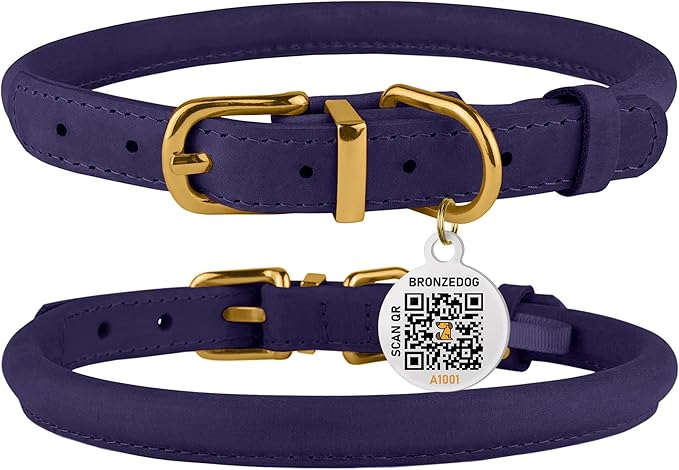 BRONZEDOG Rolled Leather Dog Collar with QR ID Tag Adjustable Soft Round Collars for Small Medium Large Dogs Puppy Cat (7" - 10" Neck Size, Violet)