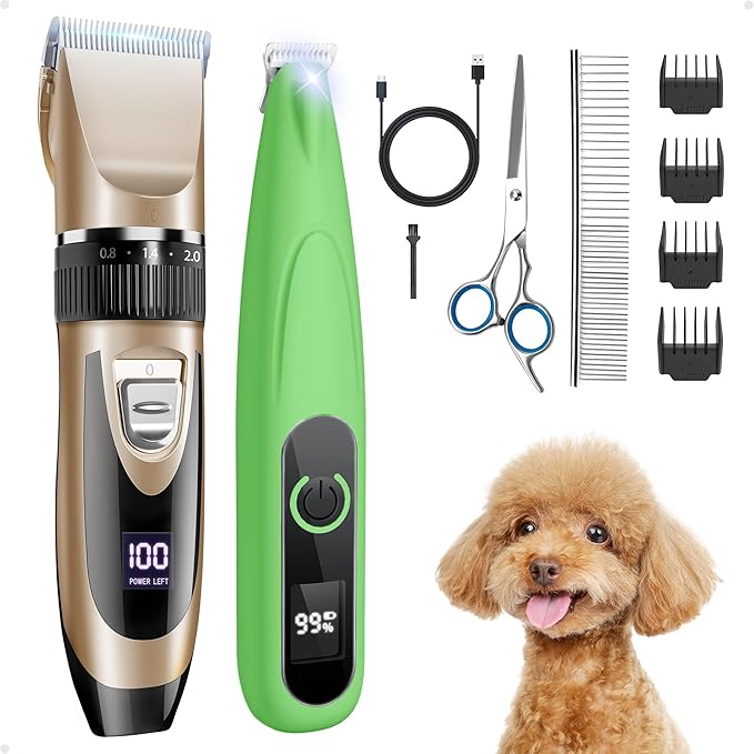 2 in 1 Dog Grooming Kit, Low Noise Rechargeable Dog Clippers for Grooming, Cordless Pet Grooming Clippers and Pet Paw Trimmer, Cat Shavers for Small Dogs Cats Animals Gold Green