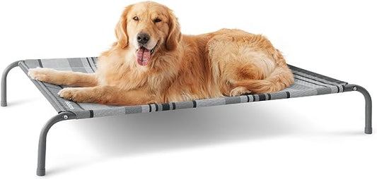Bedsure Large Elevated Cooling Outdoor Dog Bed - Raised Dog Cots Beds for Large Dogs, Portable Indoor & Outdoor Pet Hammock Bed with Skid-Resistant Feet, Breathable Mesh, Striped Grey, 49 inches