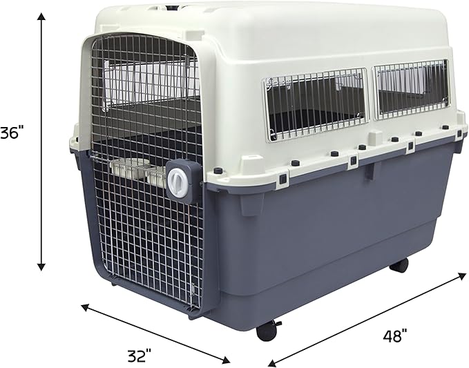 SportPet Designs Plastic Kennels Rolling Plastic Airline Approved Wire Door Travel Dog Crate, XXX-Large, Gray