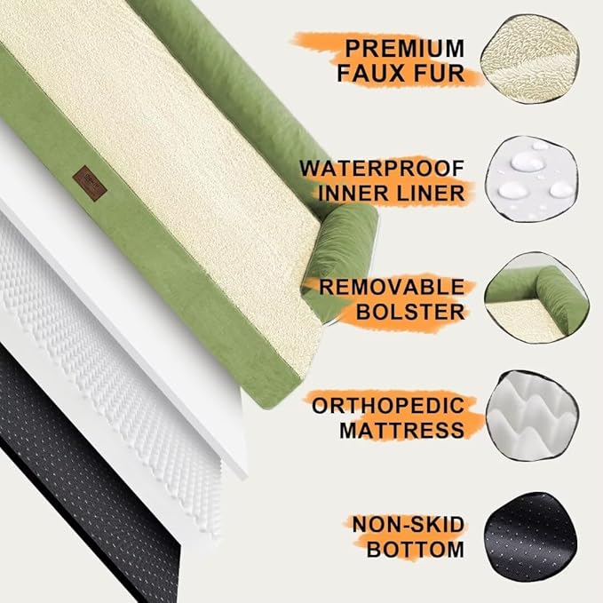 Large Dog Bed Orthopedic Washable - Removable Waterproof Cover Bed Pet - XXXL Large Big Dogs - Memory Foam - Couch Sofa with Removable Bolster - Grass Green Dog Bed