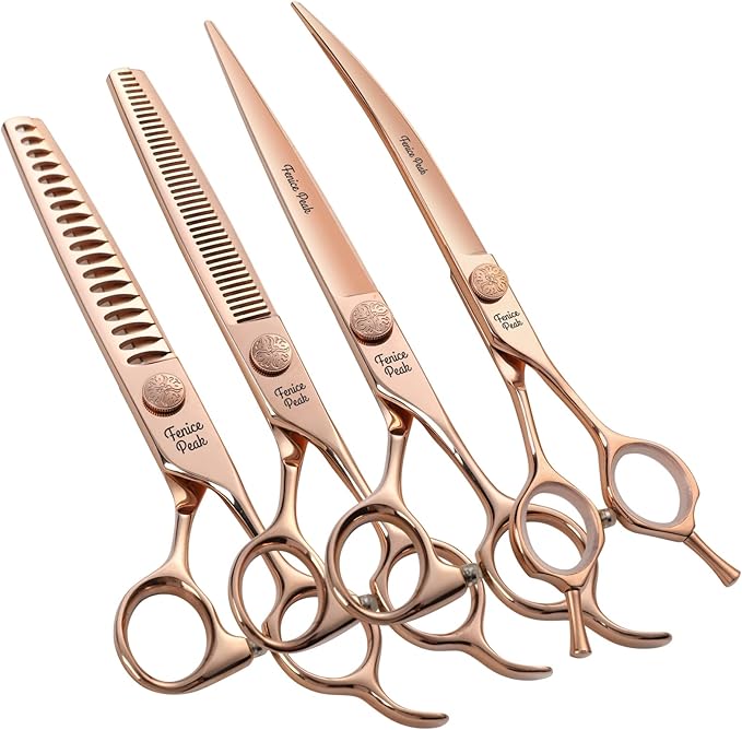 Fenice Peak Champagne Gold Dog Grooming Scissors Set - Curved & Straight Thinning & Chunker Shears, Rose Gold 4PCS Grooming Scissors Kit for Dogs & Cats