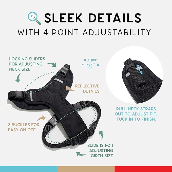 Dog Harness, Puppy Harness, Soft Harness for Dogs, Comfortable Dog Harness, Small Dog Harness, Dog Harness with Padding, Snug Fit Design, 4 Point Adjustable - Wildebeest (M - 22~28 inch Girth, Black)
