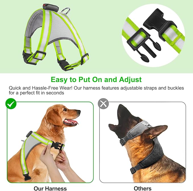 Visinite LED Dog Harness, USB Rechargeable Light Up Dog Harness Vest, 2 Illuminate Modes Glow in The Dark Dog Harness, Adjustable Lighted Dog Harness Light for Night Walking Safety (Green, Small)