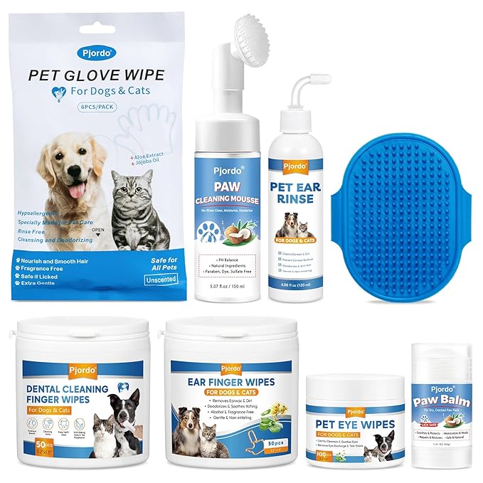 Dog Wipes Cleaning Deodorizing, Dog Grooming Wipes & Dog Paw Cleaner, Pet Cleaning Kit for Teeth, Ears, Eyes, Paw, Body, Dog Ear Rinse, Essential Dog Supplies Set