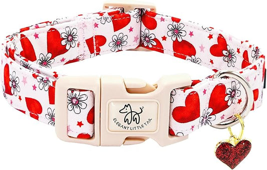 Elegant little tail Valentine's Day Dog Collar-Cute Pink Heart Dog Collar for Small Dogs, Female or Male Adjustable Cotton Pet Collar with Quick Release Buckle for Small Medium Large Dogs